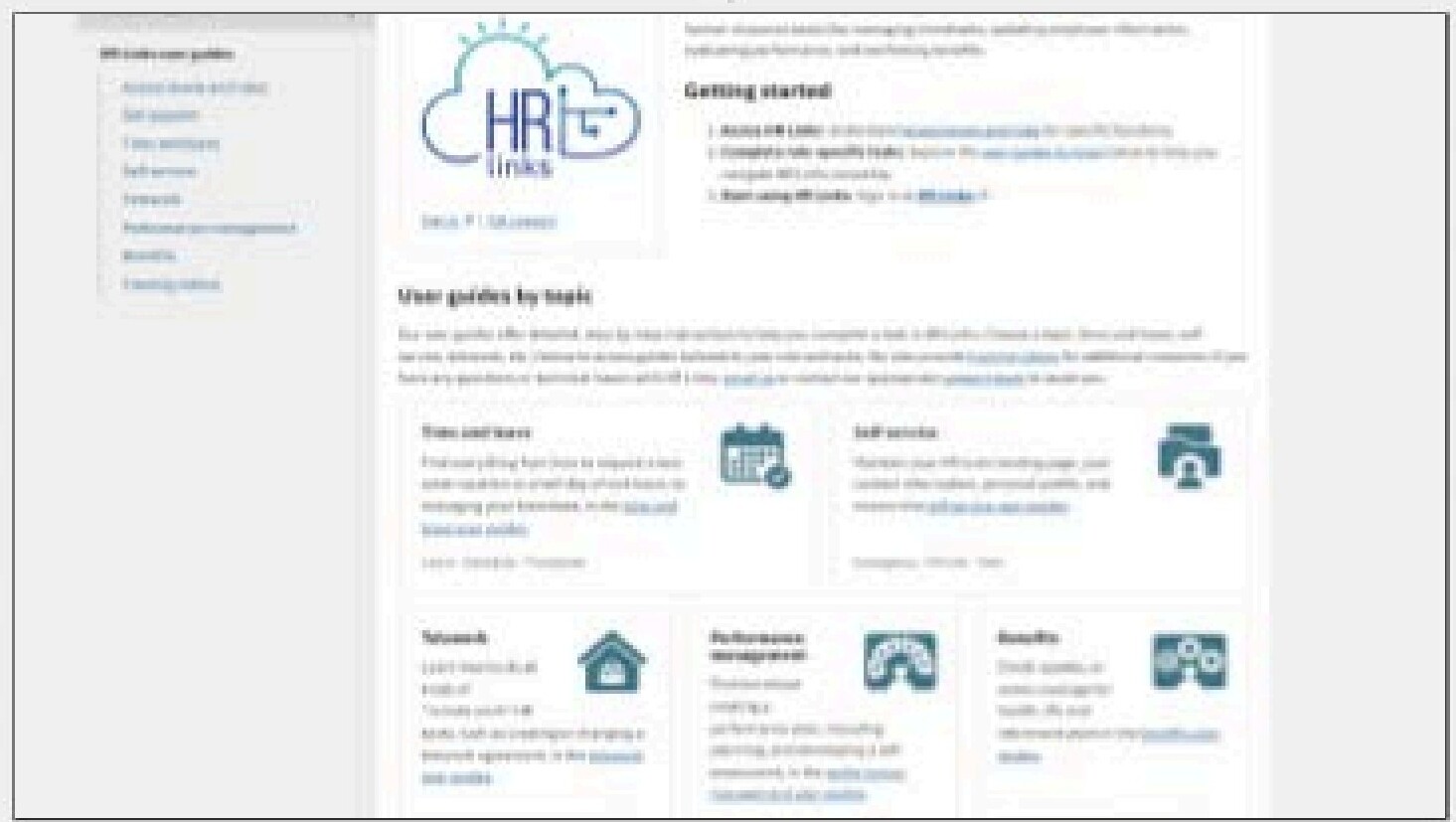 HR Links interface with Getting started and User guides by task sections