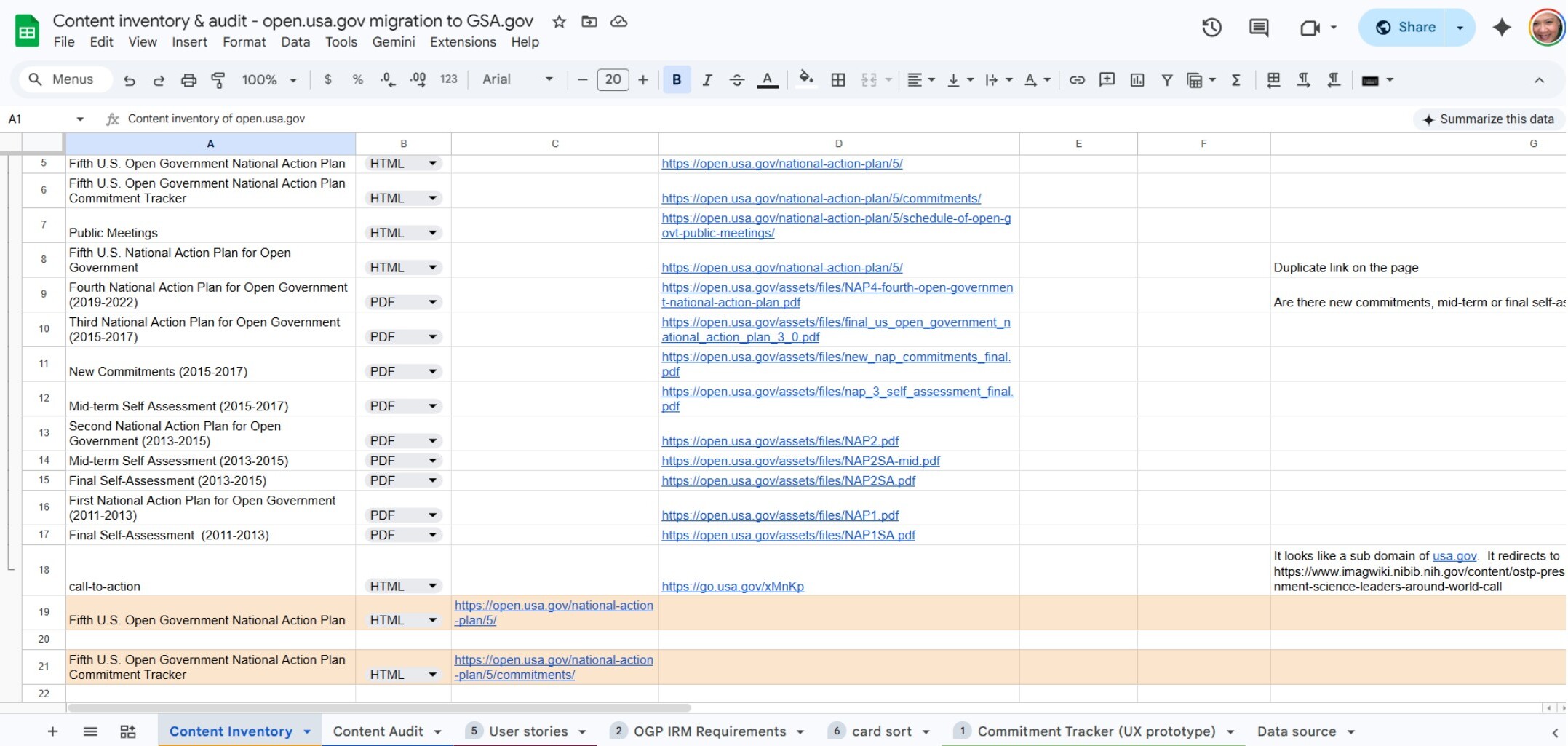 Content inventory and audit spreadsheet used to align stakeholders
