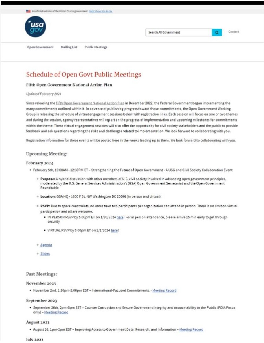 Legacy public meetings page with cluttered list of links