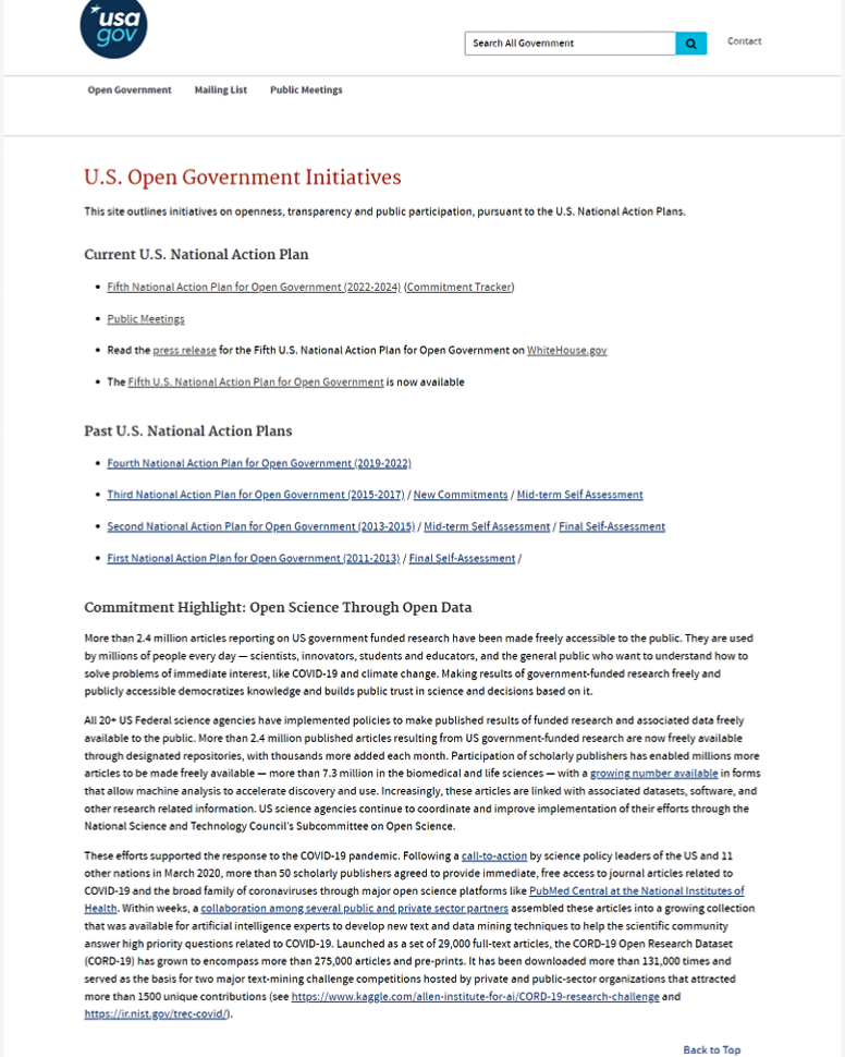 Legacy U.S. Open Government homepage with fragmented navigation